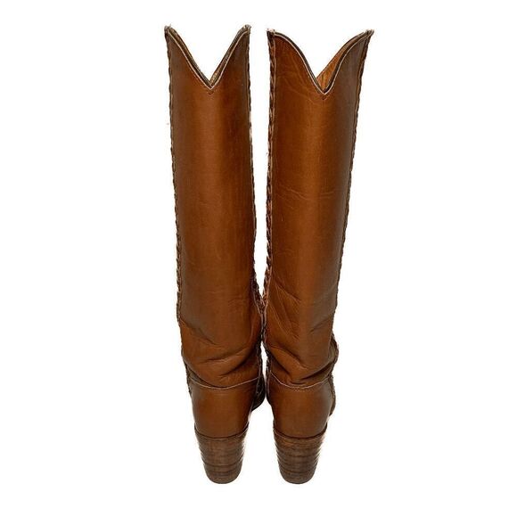 Frye Sabrina Braided Knee High Tall Heeled Leather Boots Size 6 Cognac Brown - Picture 4 of 8